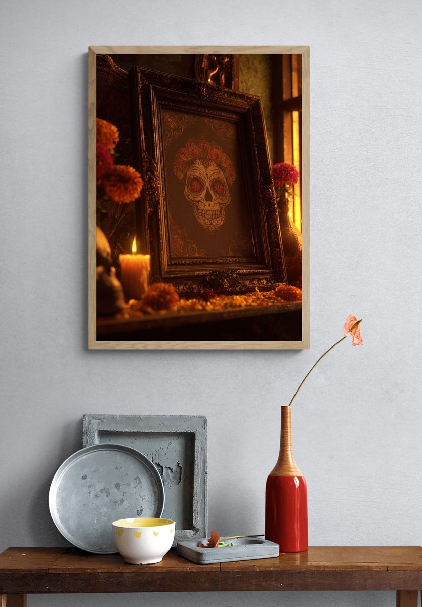 Sugar Skull with Floral Accents — Fine Art Print. — room view 3