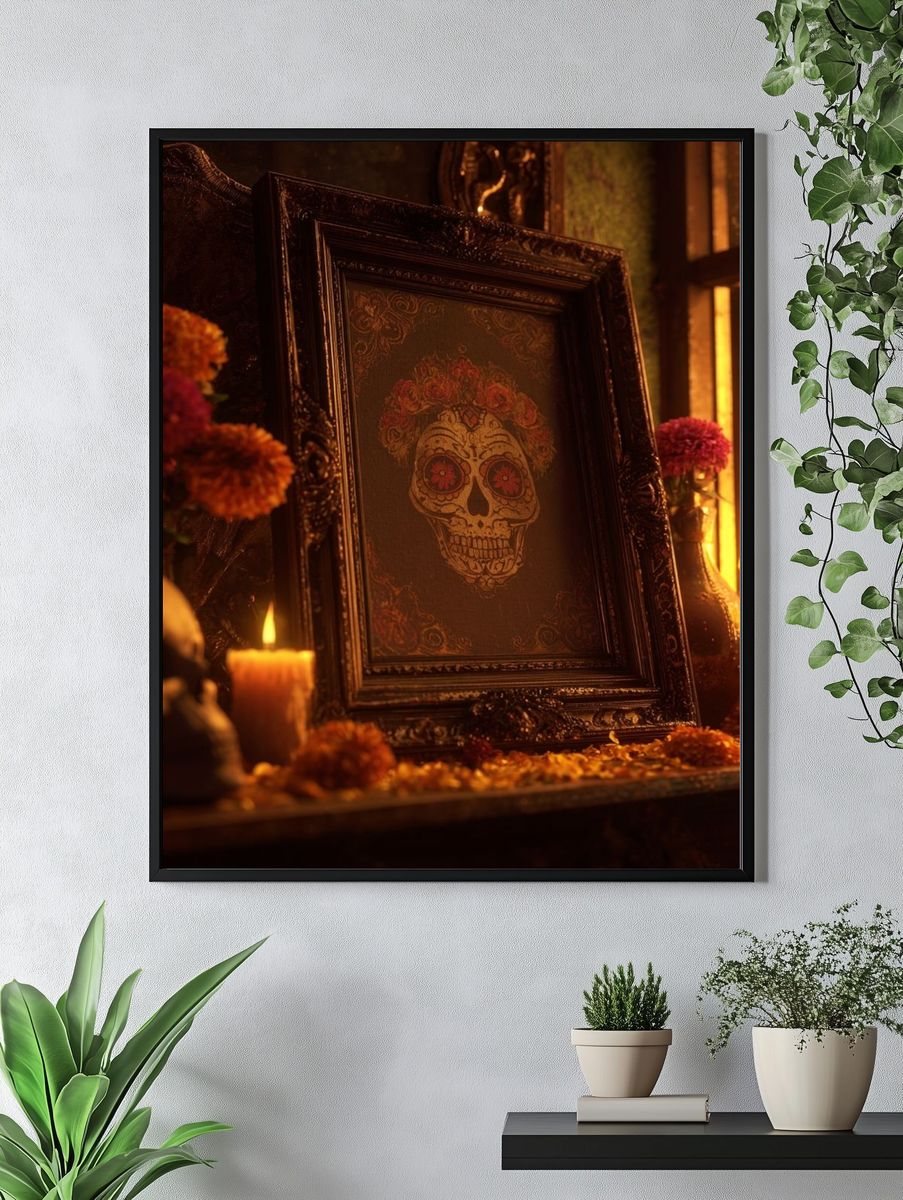 Sugar Skull with Floral Accents — Fine Art Print. — room view 4
