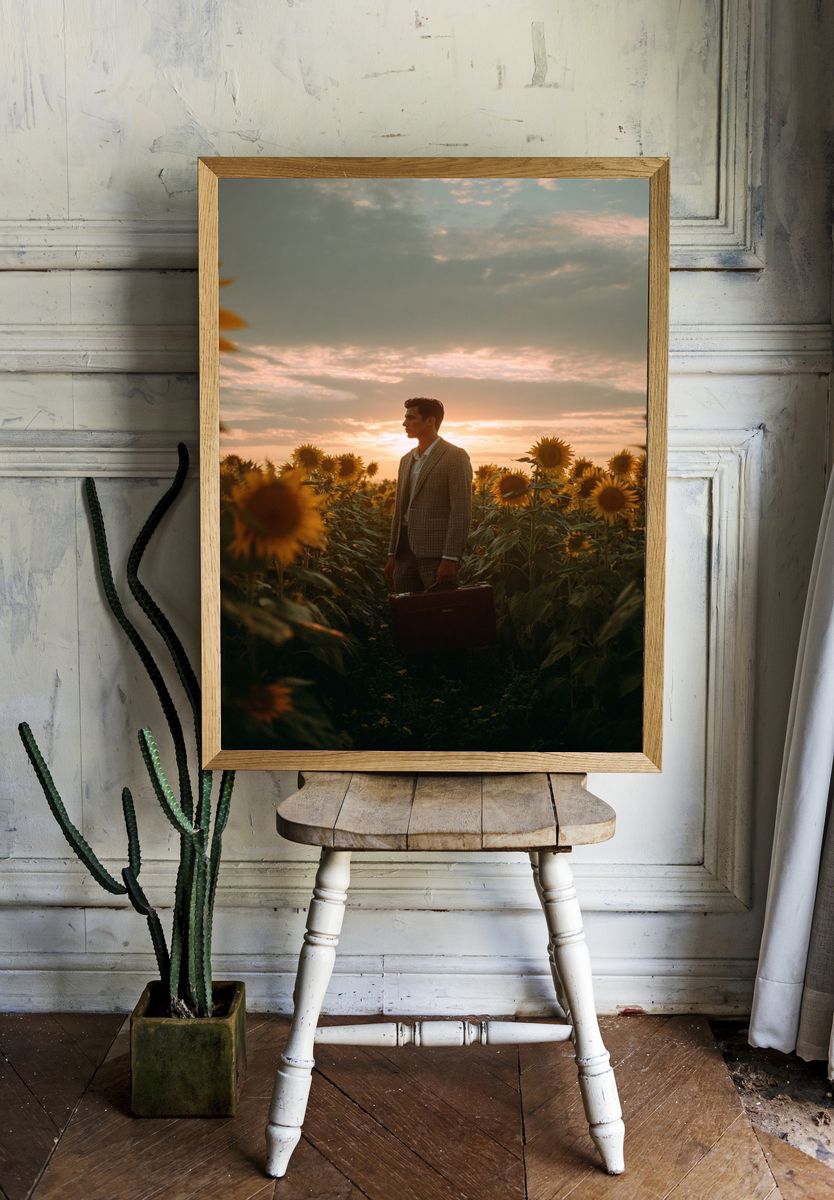 Man in Sunflower Field — Photography Print. — room view 1