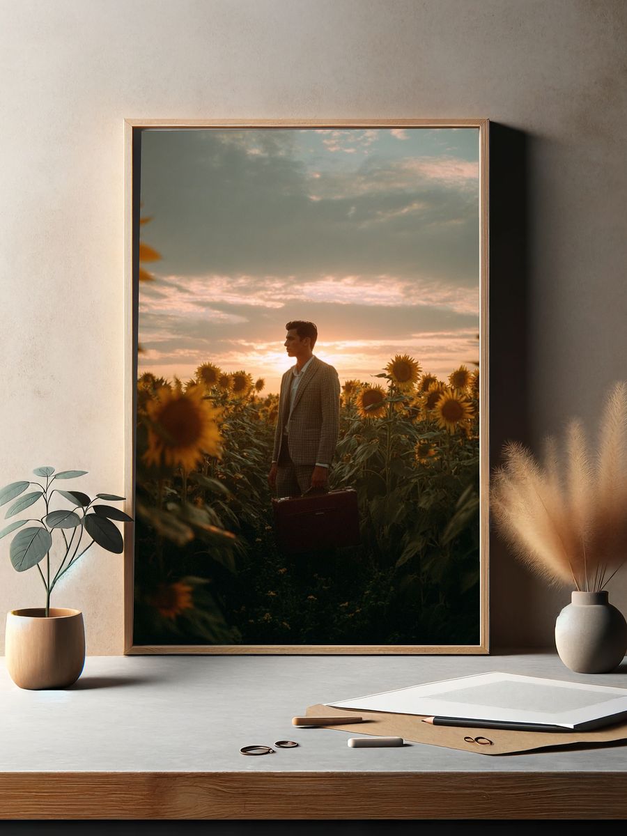 Man in Sunflower Field — Photography Print. — room view 2