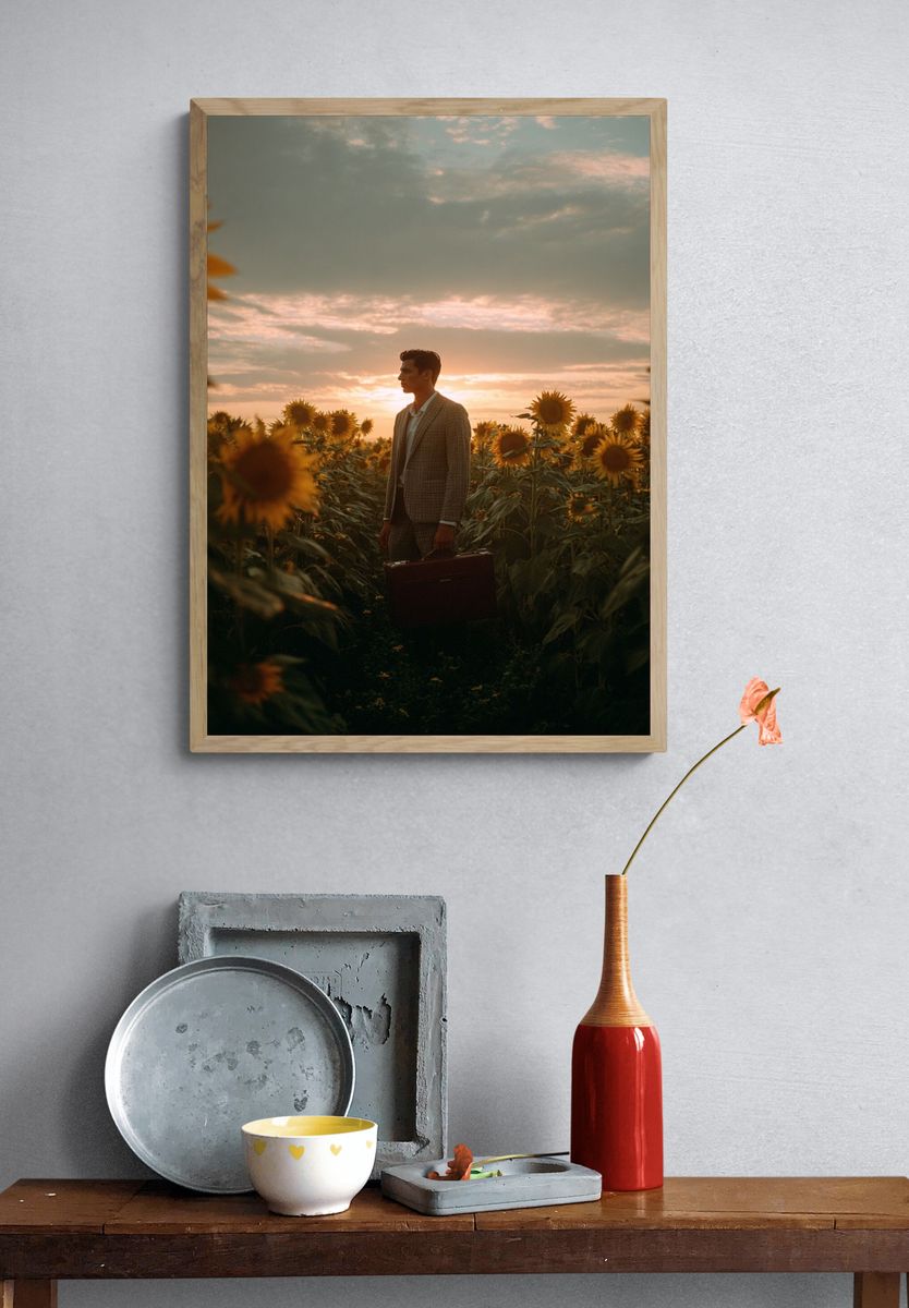 Man in Sunflower Field — Photography Print. — room view 3