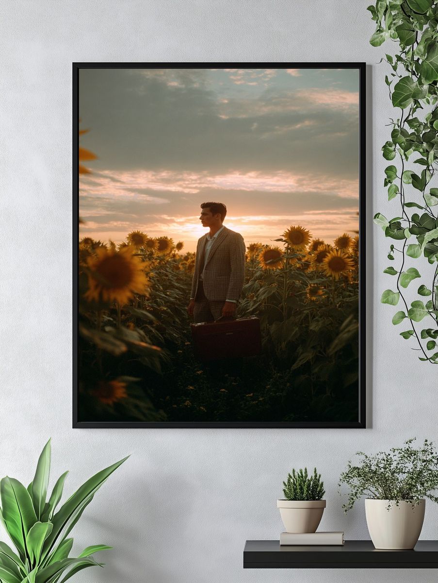 Man in Sunflower Field — Photography Print. — room view 4