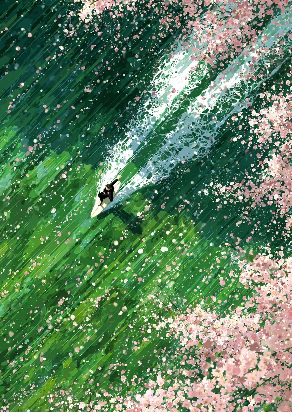 Surfer in Cherry Blossom Waves — Illustration Print. poster — illustration art