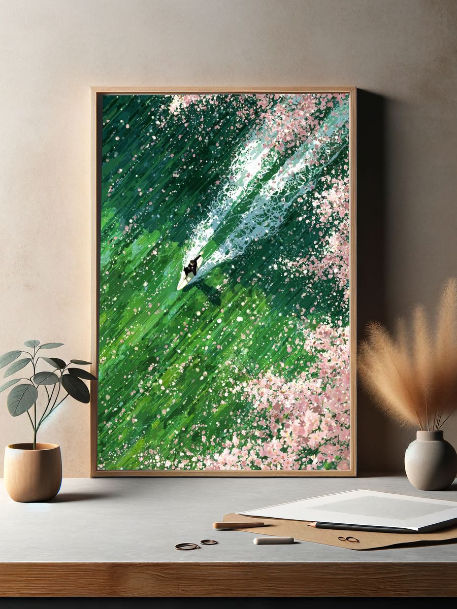 Surfer in Cherry Blossom Waves — Illustration Print. — room view 2