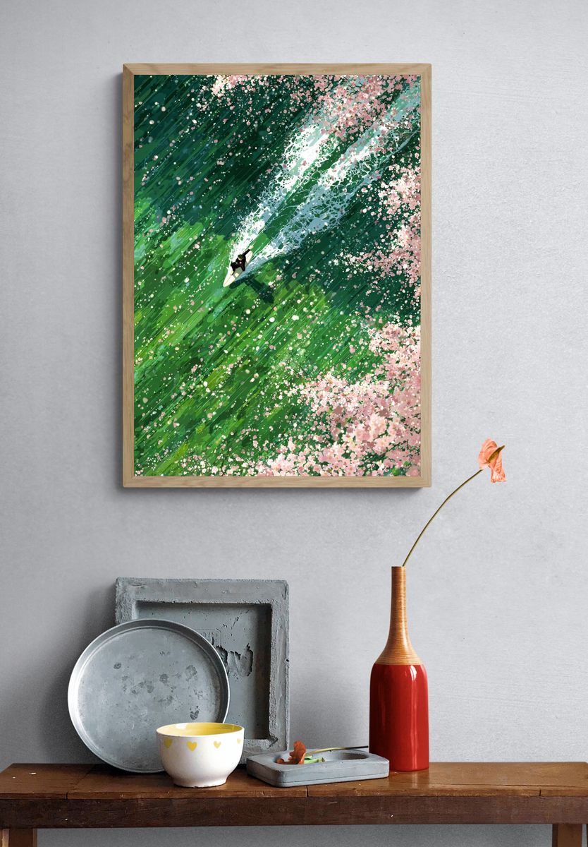 Surfer in Cherry Blossom Waves — Illustration Print. — room view 3