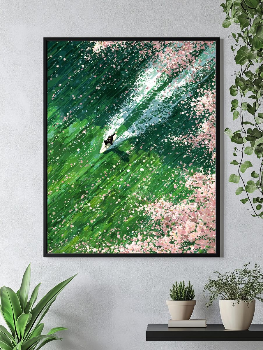 Surfer in Cherry Blossom Waves — Illustration Print. — room view 4