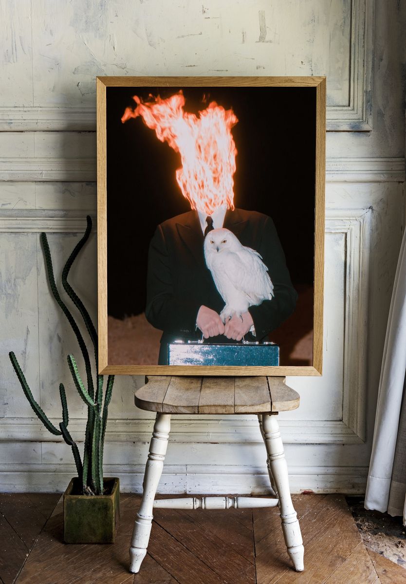 Surreal Flaming Head with Owl Print. — room view 1