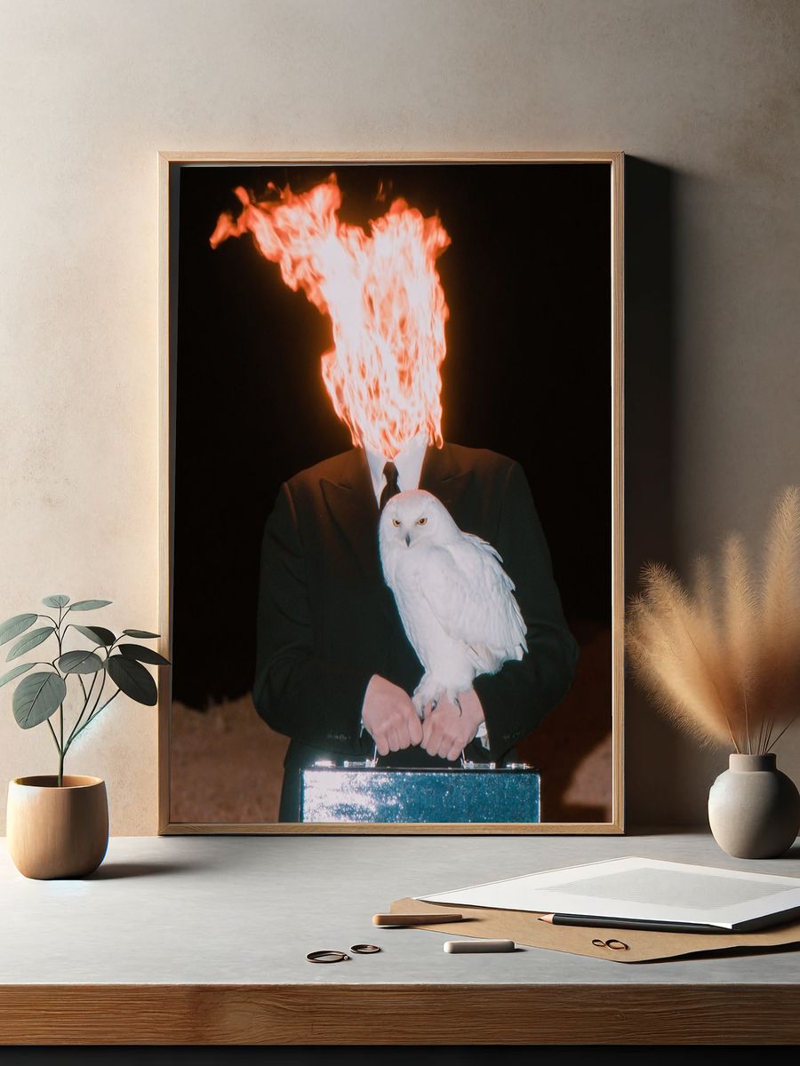 Surreal Flaming Head with Owl Print. — room view 2
