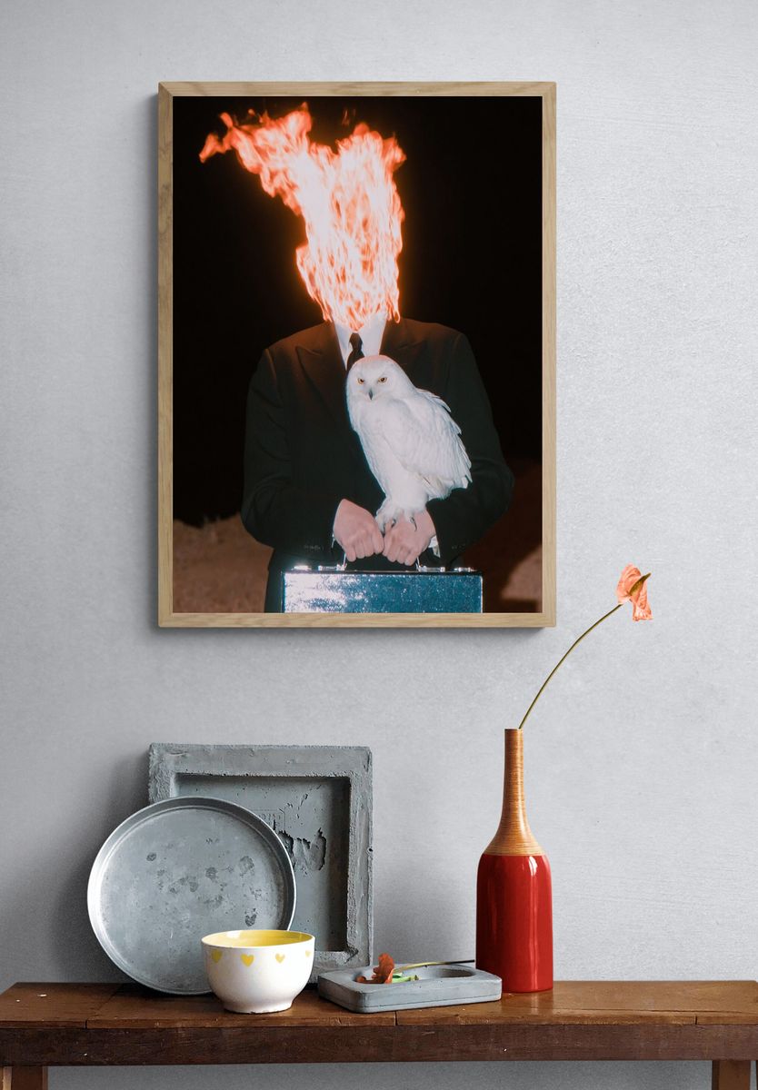 Surreal Flaming Head with Owl Print. — room view 3