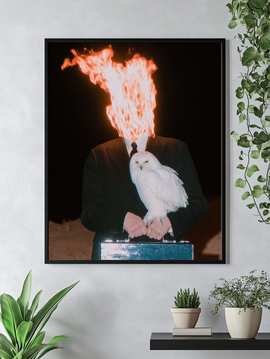 Surreal Flaming Head with Owl Print. — room view 4