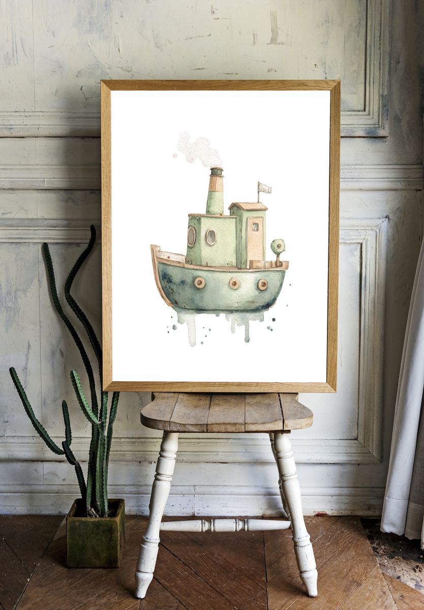 Whimsical Tugboat Watercolor Poster room preview