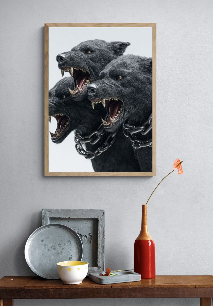 Three-Headed Dog — Fantasy Art Print. — room view 3