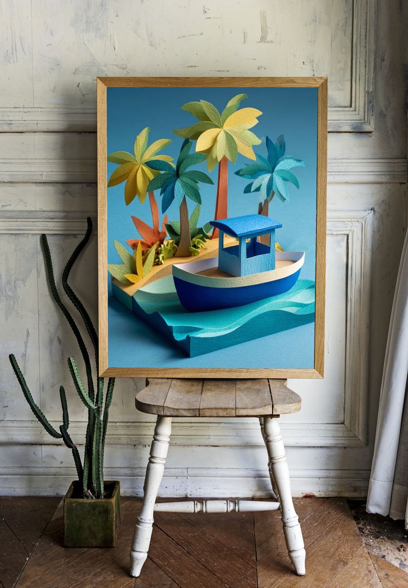 Tropical Island Boat — Illustration Print. — room view 1