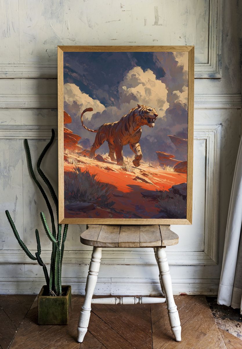 Majestic Tiger in Desert Landscape Poster. — room view 1