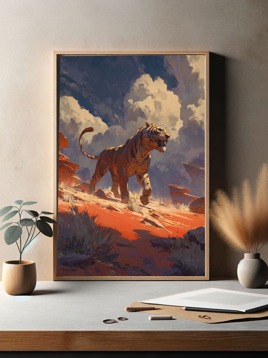 Majestic Tiger in Desert Landscape Poster. — room view 2