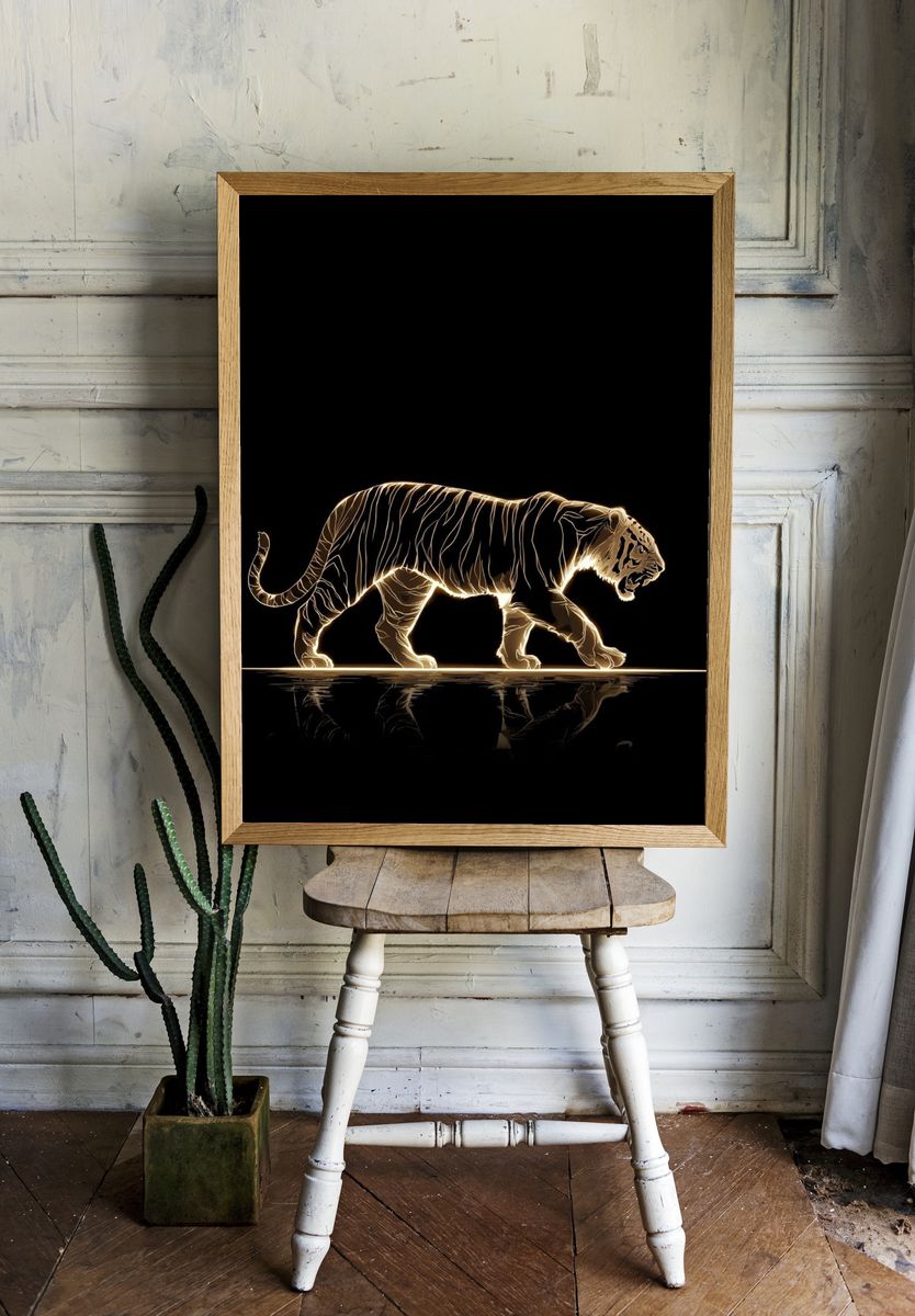 Glowing Tiger Line Art Poster. — room view 1