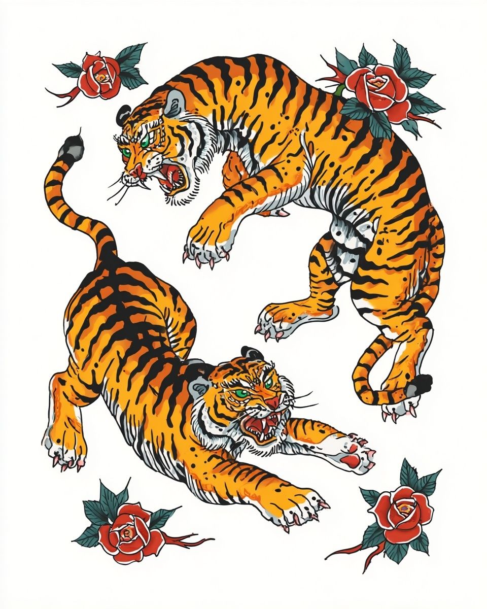 Fierce Tigers Tattoo Art Poster. poster detail