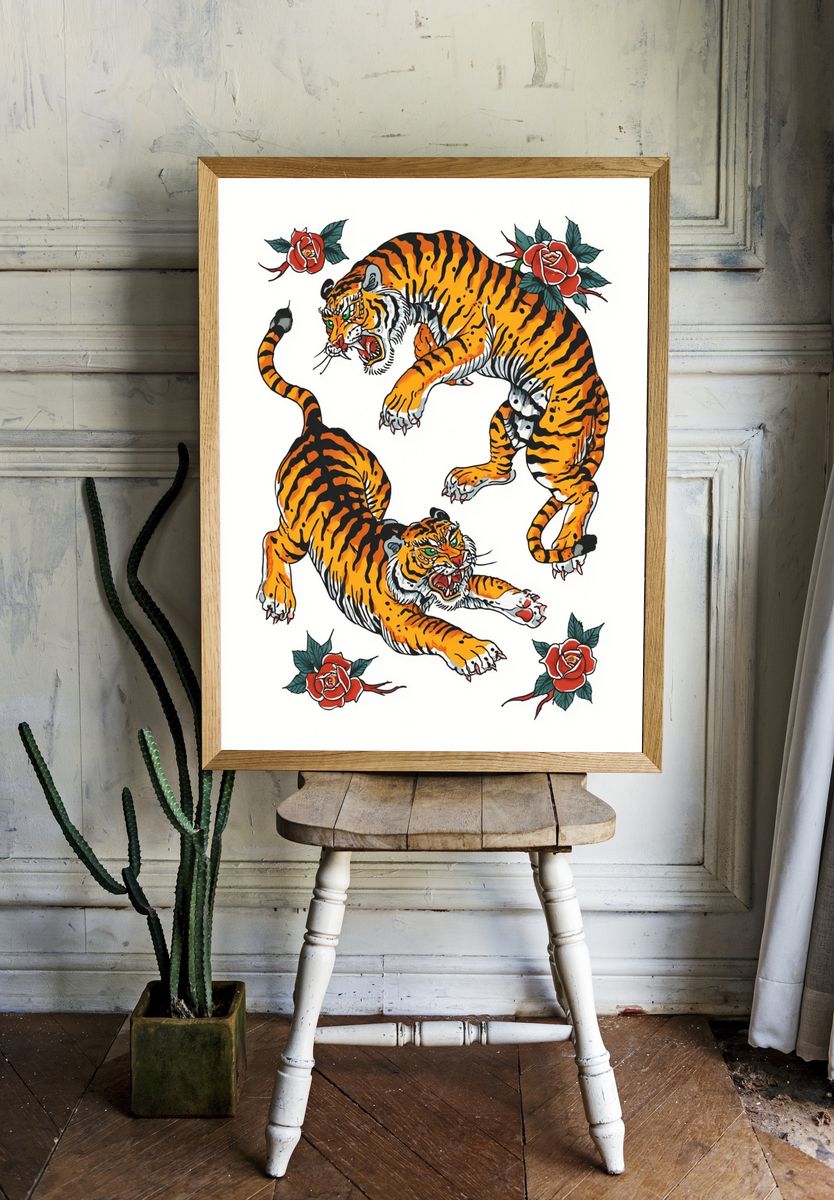 Fierce Tigers Tattoo Art Poster. — room view 1