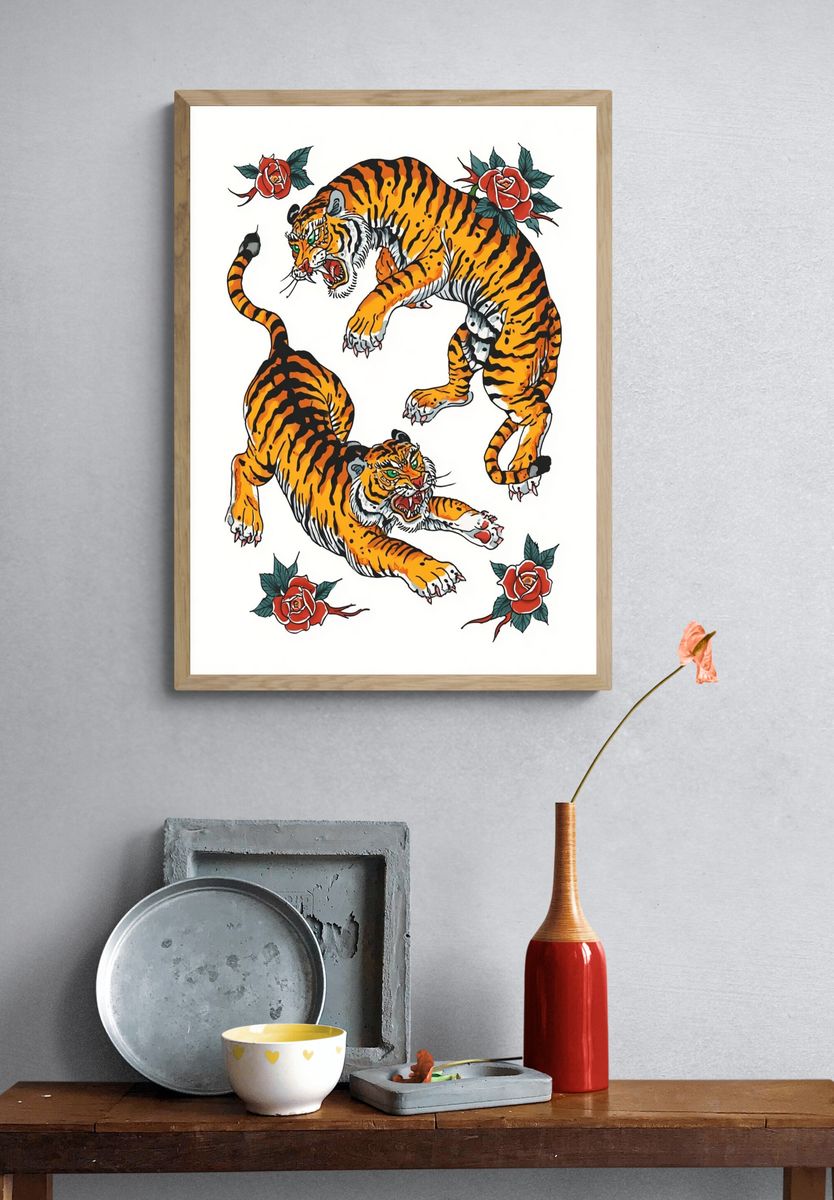 Fierce Tigers Tattoo Art Poster. — room view 3