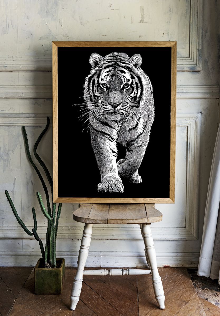 Tiger Portrait Black-White Print. — room view 1