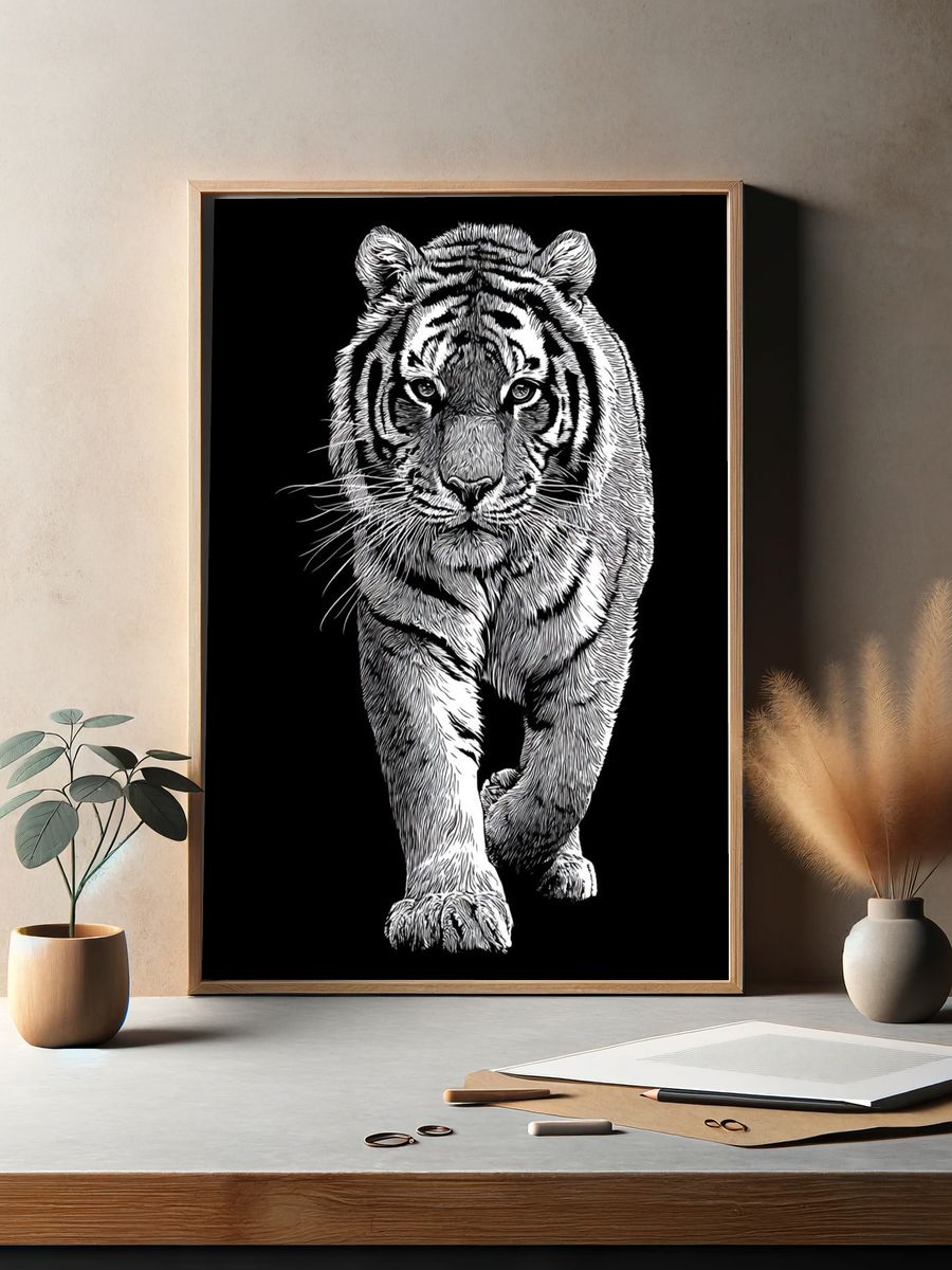 Tiger Portrait Black-White Print. — room view 2
