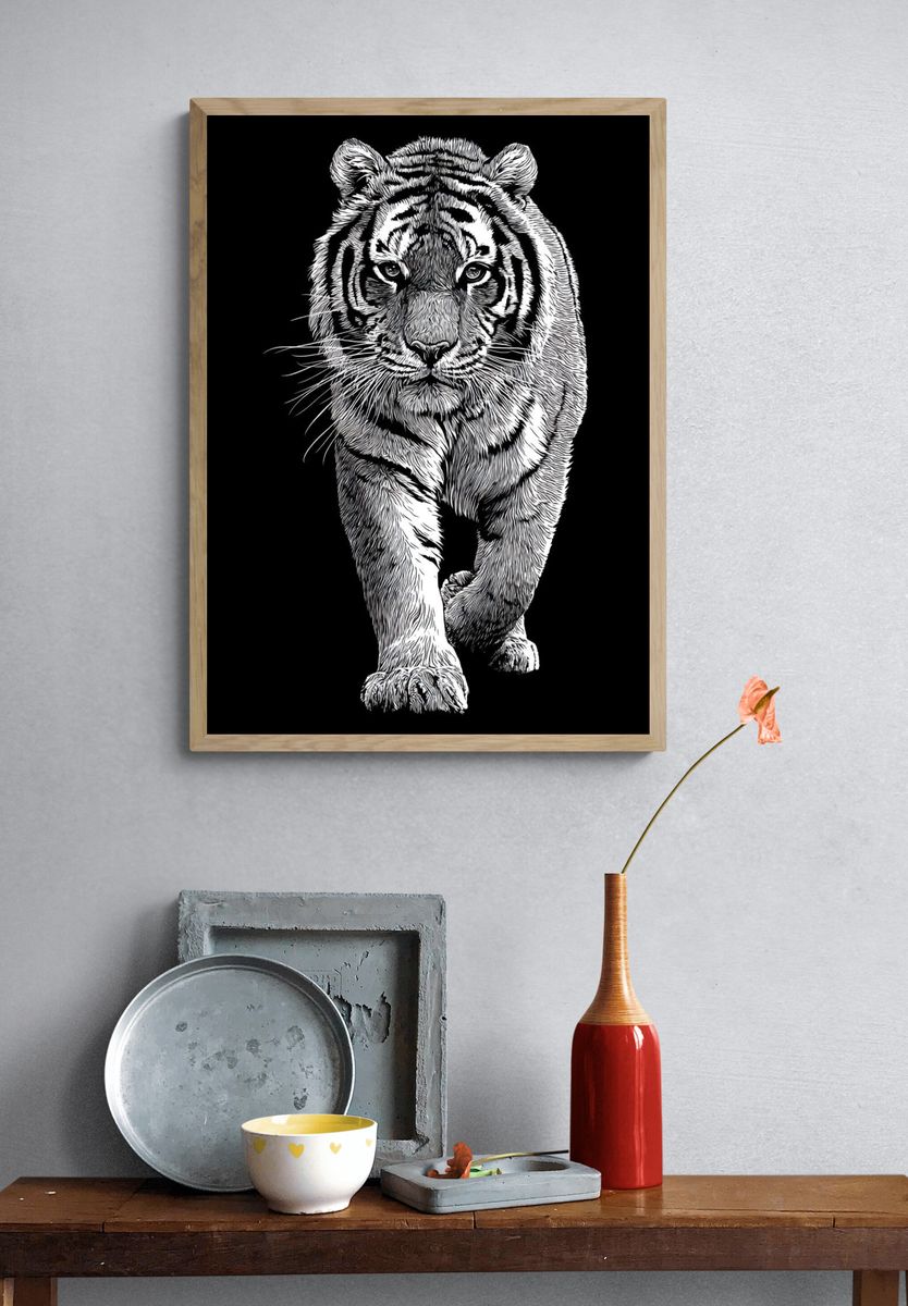 Tiger Portrait Black-White Print. — room view 3