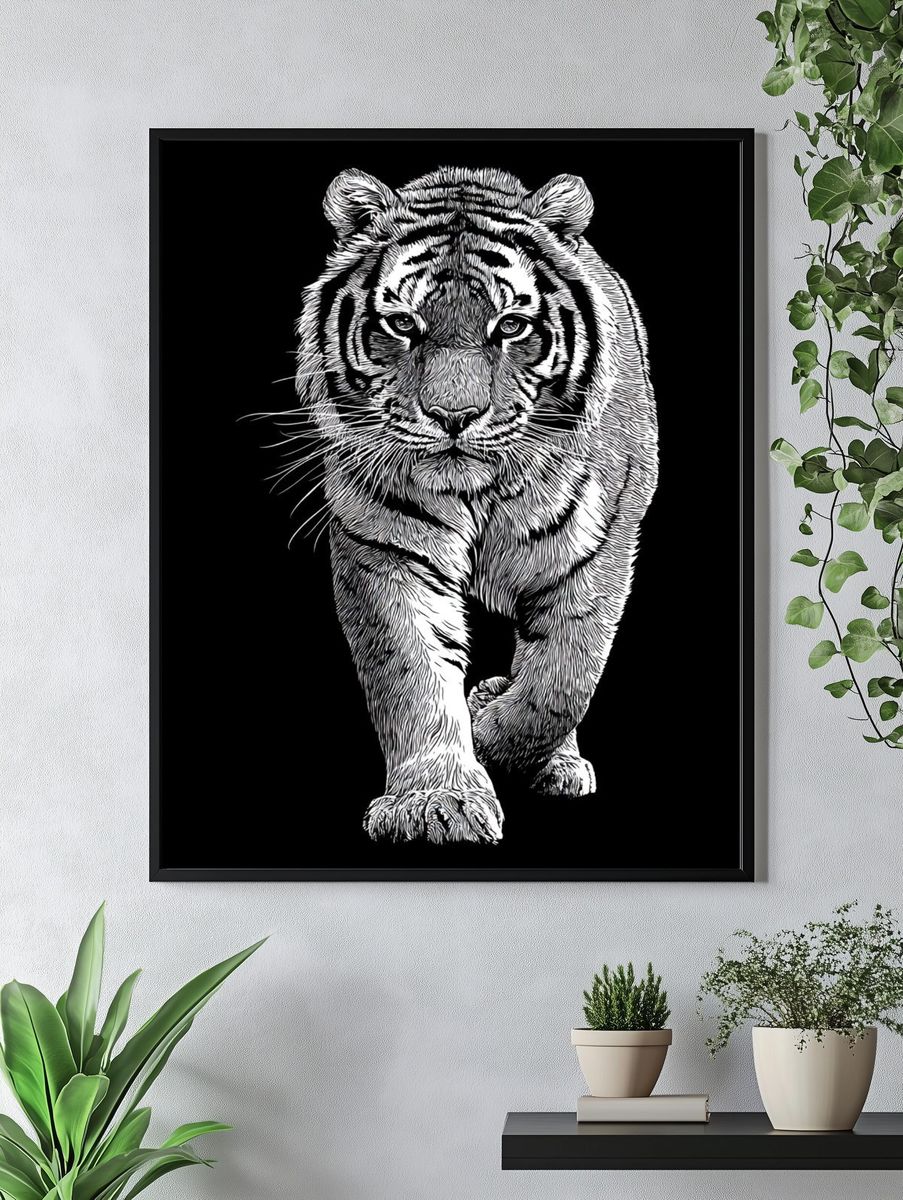 Tiger Portrait Black-White Print. — room view 4