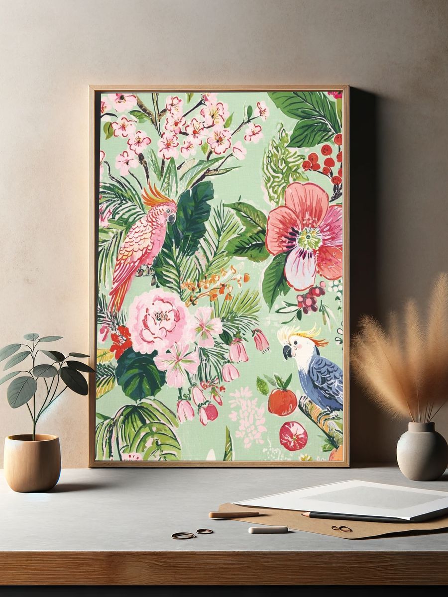 Tropical Floral and Bird Print Poster. — room view 2