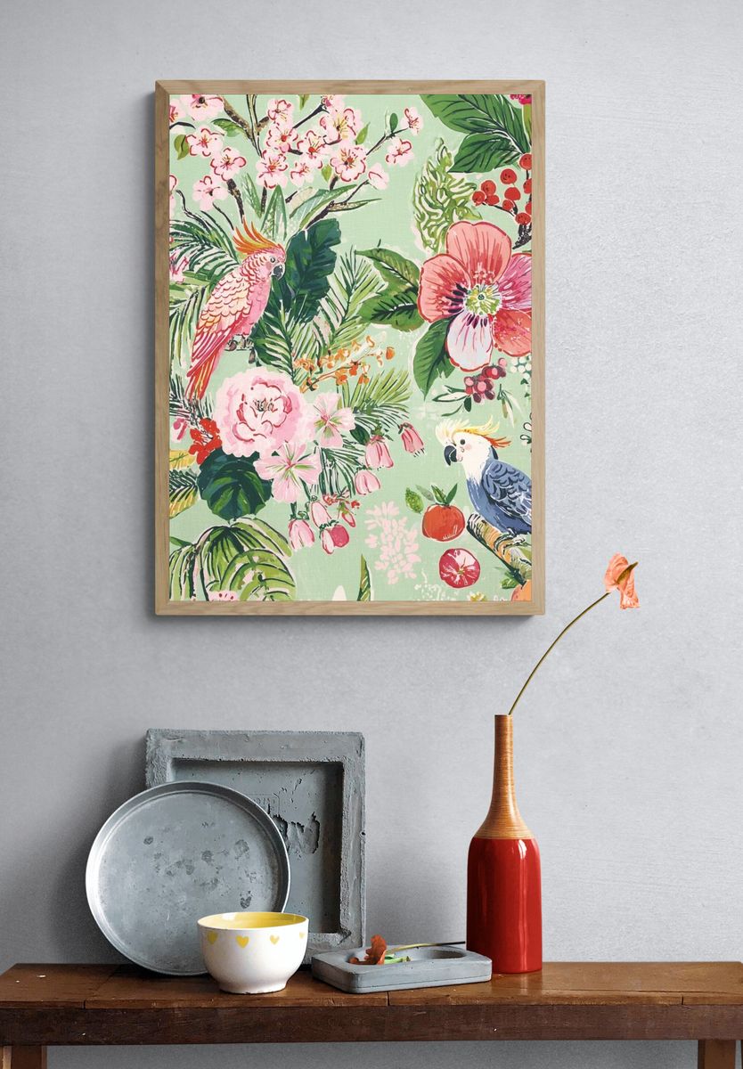Tropical Floral and Bird Print Poster. — room view 3