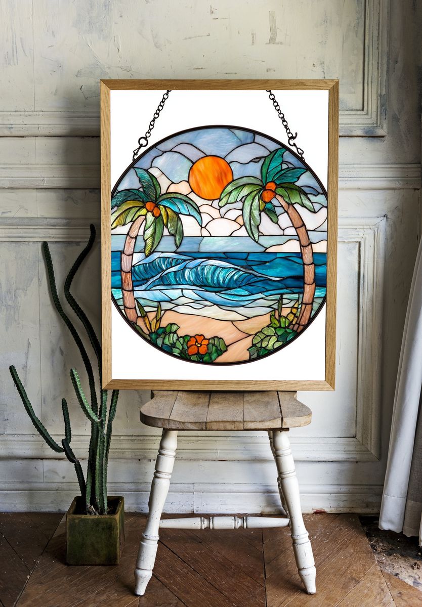 Tropical Sunset Stained Glass Poster. — room view 1