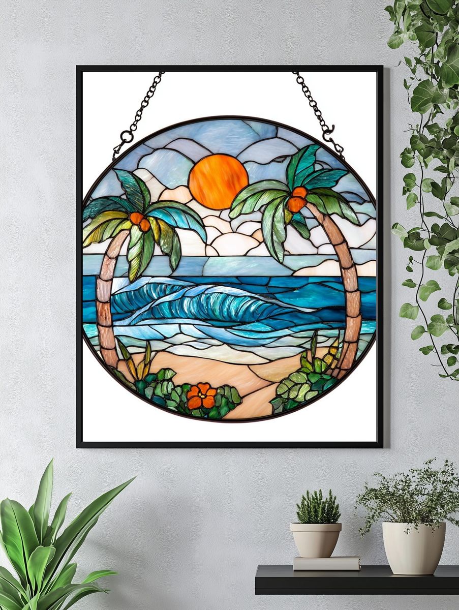 Tropical Sunset Stained Glass Poster. — room view 4