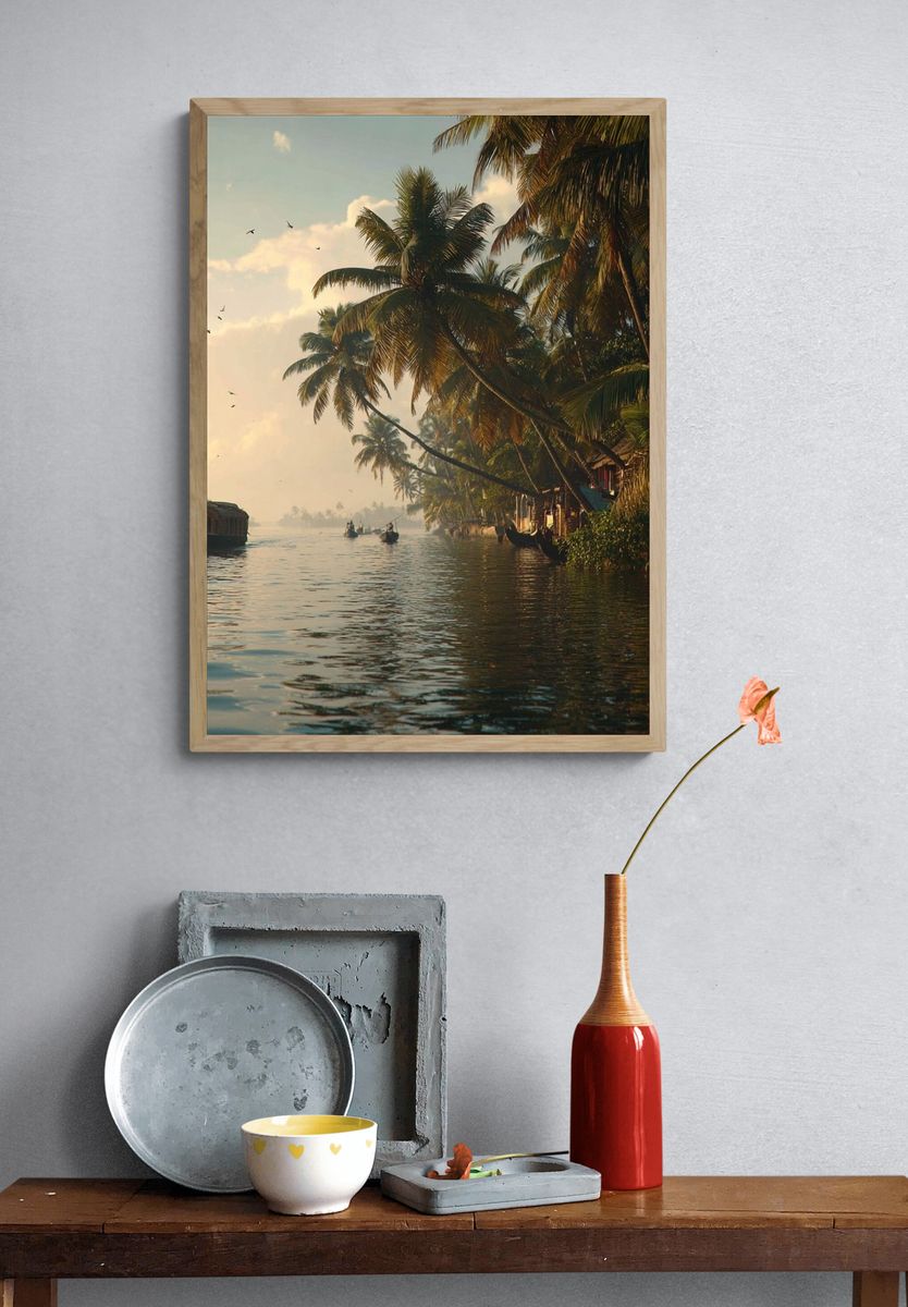 Tropical River Sunset Photography Poster. — room view 3
