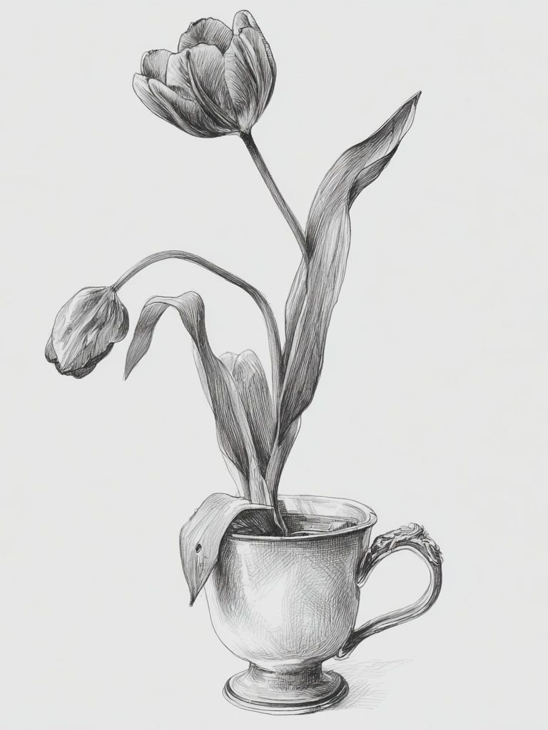 Tulip in Silver Cup — Illustration Print. poster — illustration art