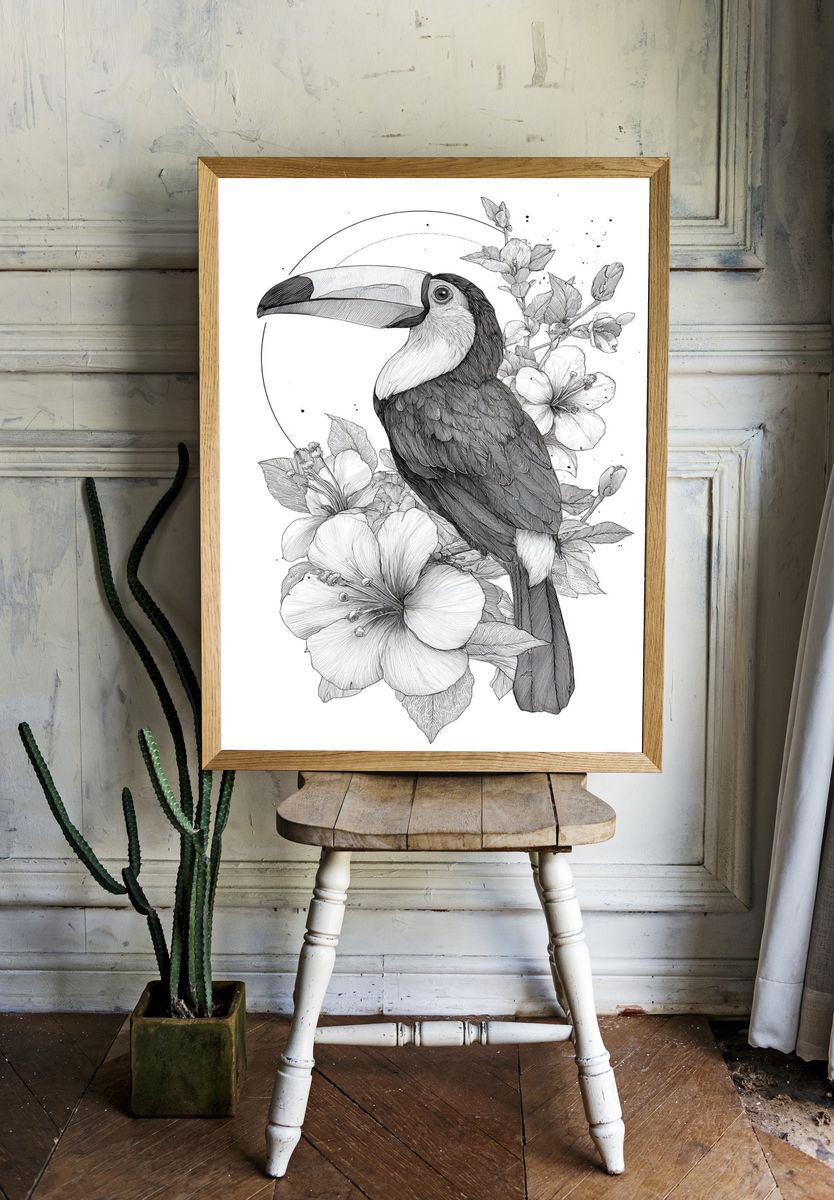 Toucan and Hibiscus — Illustration Print. — room view 1