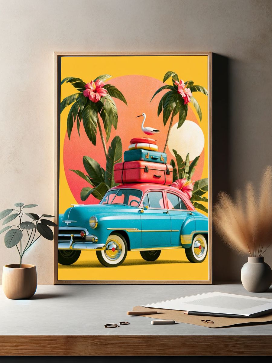 Tropical Vintage Car Poster. — room view 2