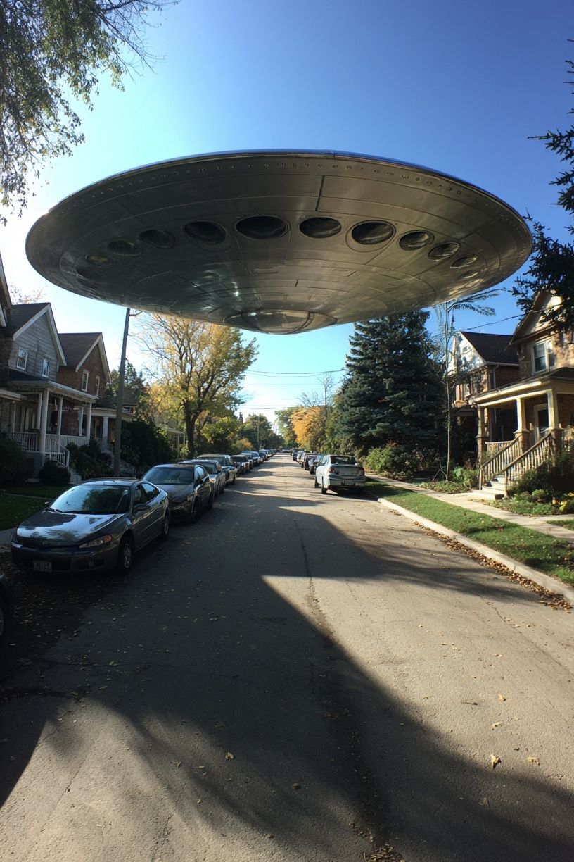 UFO Over Suburban Street — Sci-Fi Print. poster detail