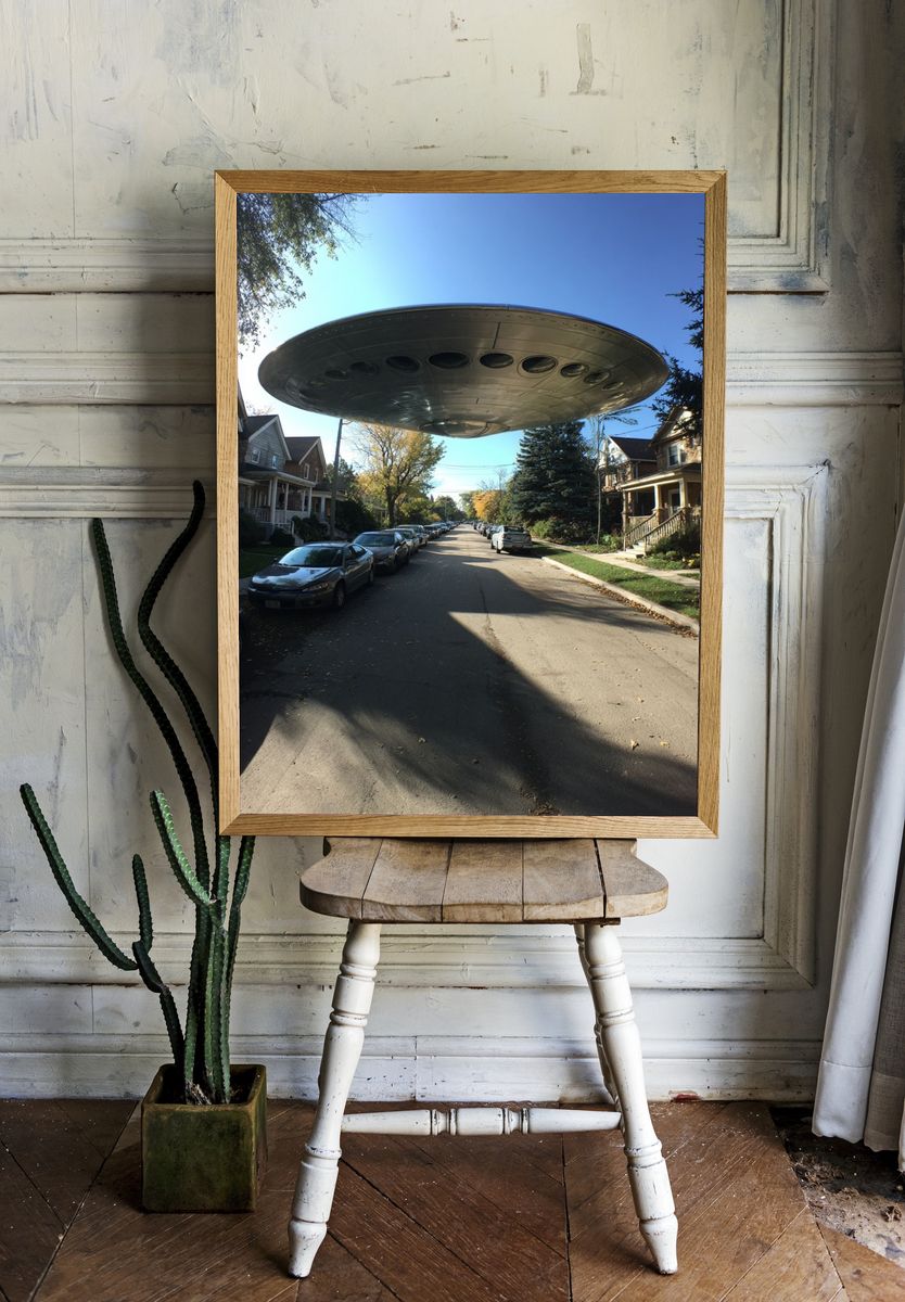 UFO Over Suburban Street — Sci-Fi Print. room preview