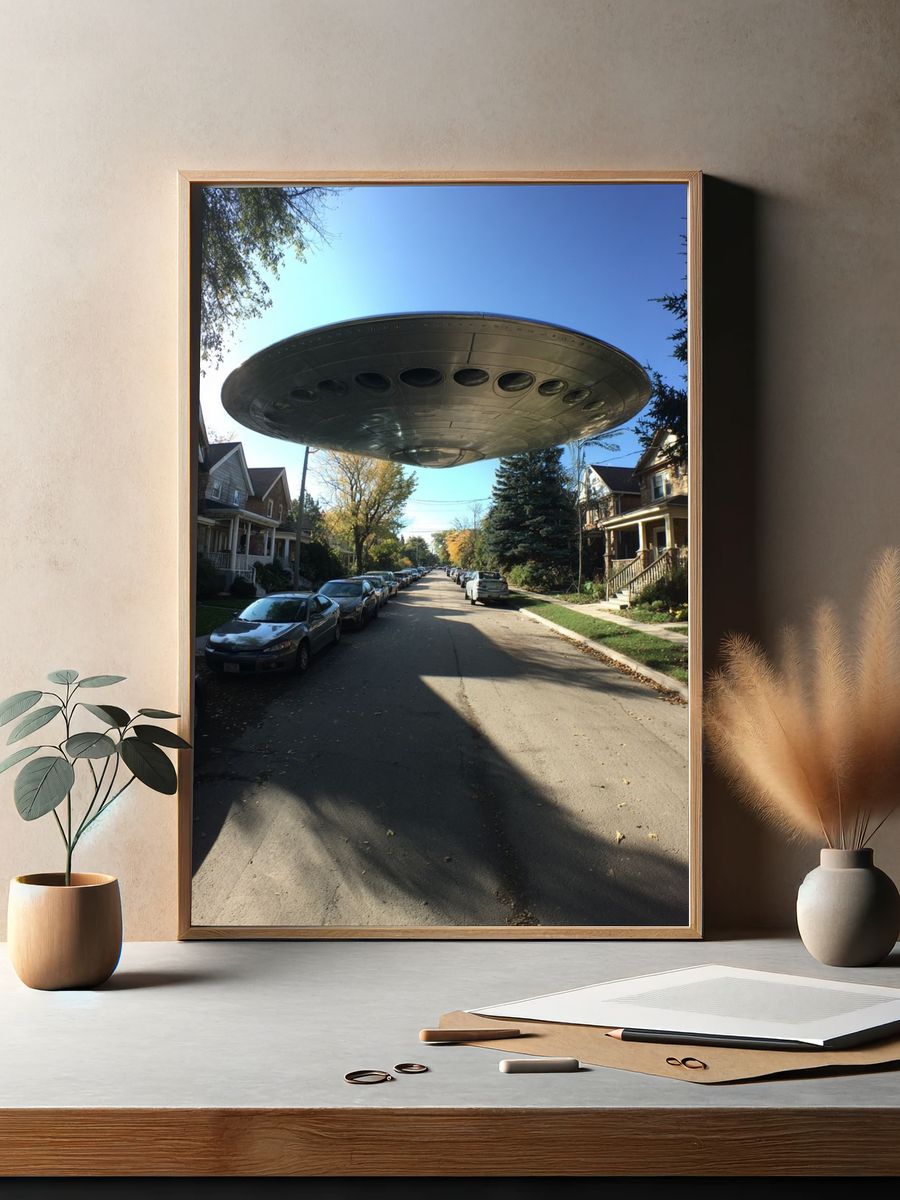UFO Over Suburban Street — Sci-Fi Print. — room view 2