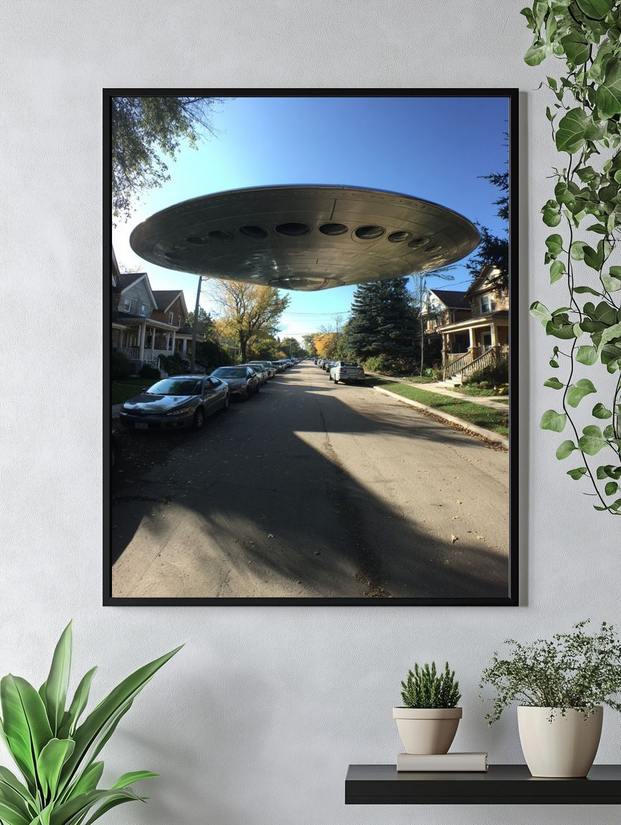 UFO Over Suburban Street — Sci-Fi Print. — room view 4
