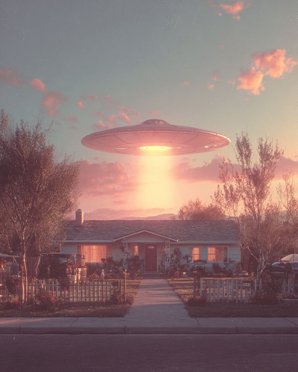UFO Over Suburban Home — Sci-Fi Print. poster — movies art