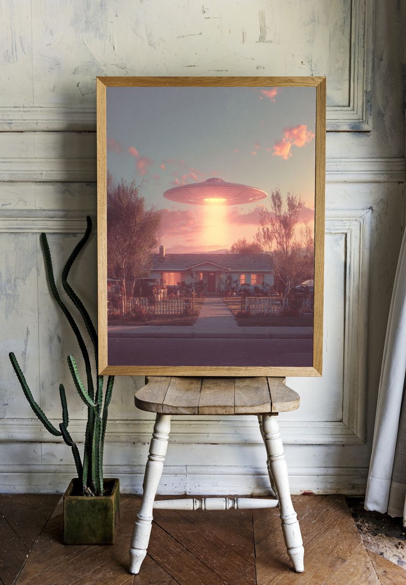 UFO Over Suburban Home — Sci-Fi Print room preview