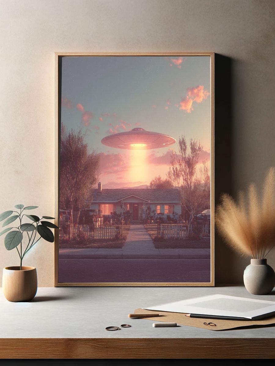 UFO Over Suburban Home — Sci-Fi Print. — room view 2