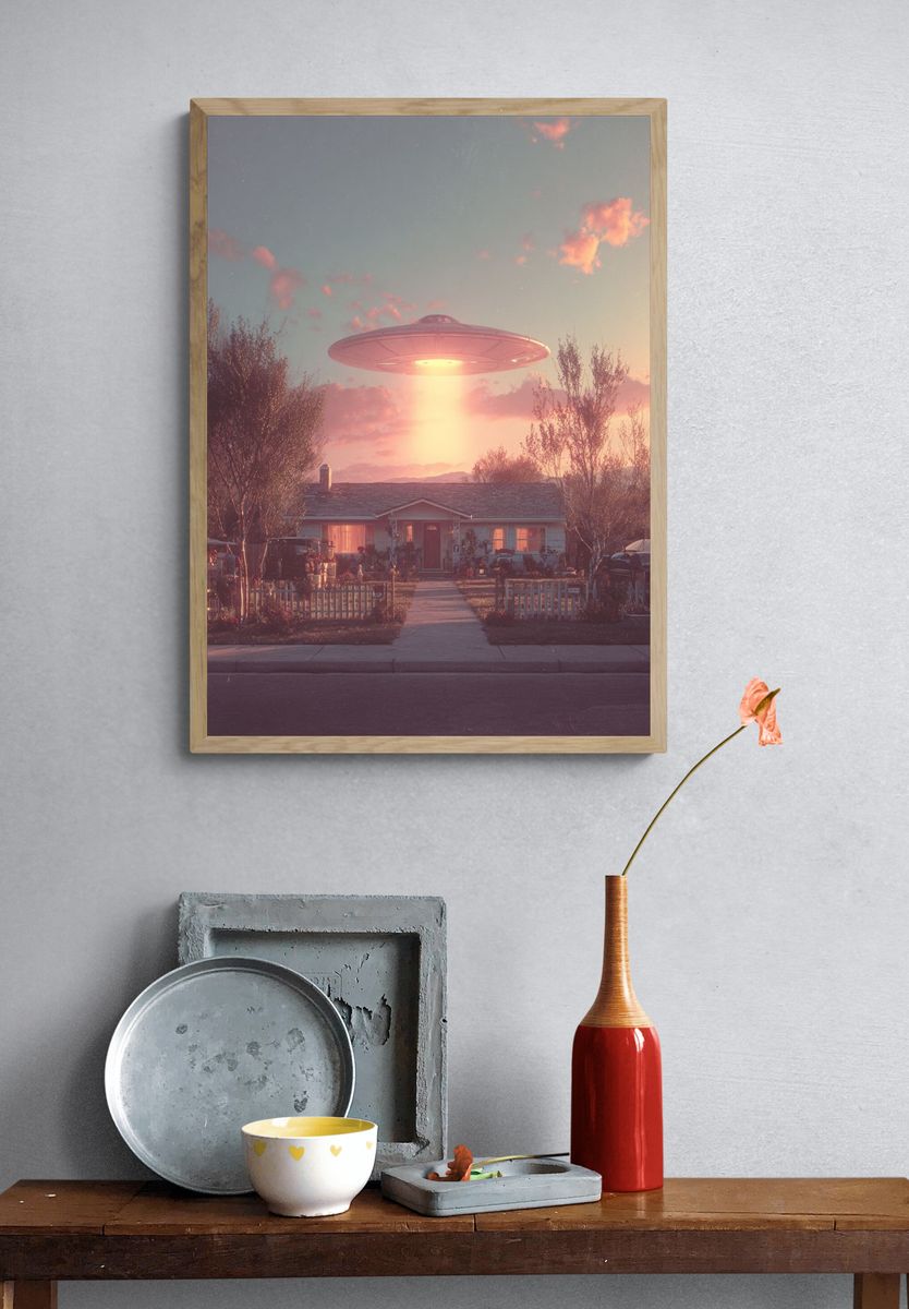 UFO Over Suburban Home — Sci-Fi Print. — room view 3
