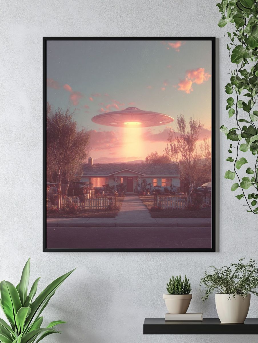 UFO Over Suburban Home — Sci-Fi Print. — room view 4