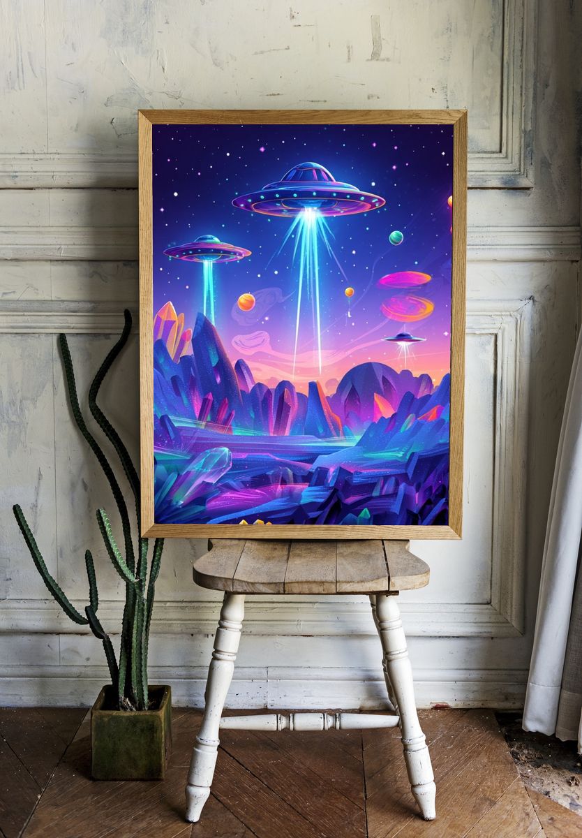 Cosmic UFO Adventure — Digital Art Print room preview