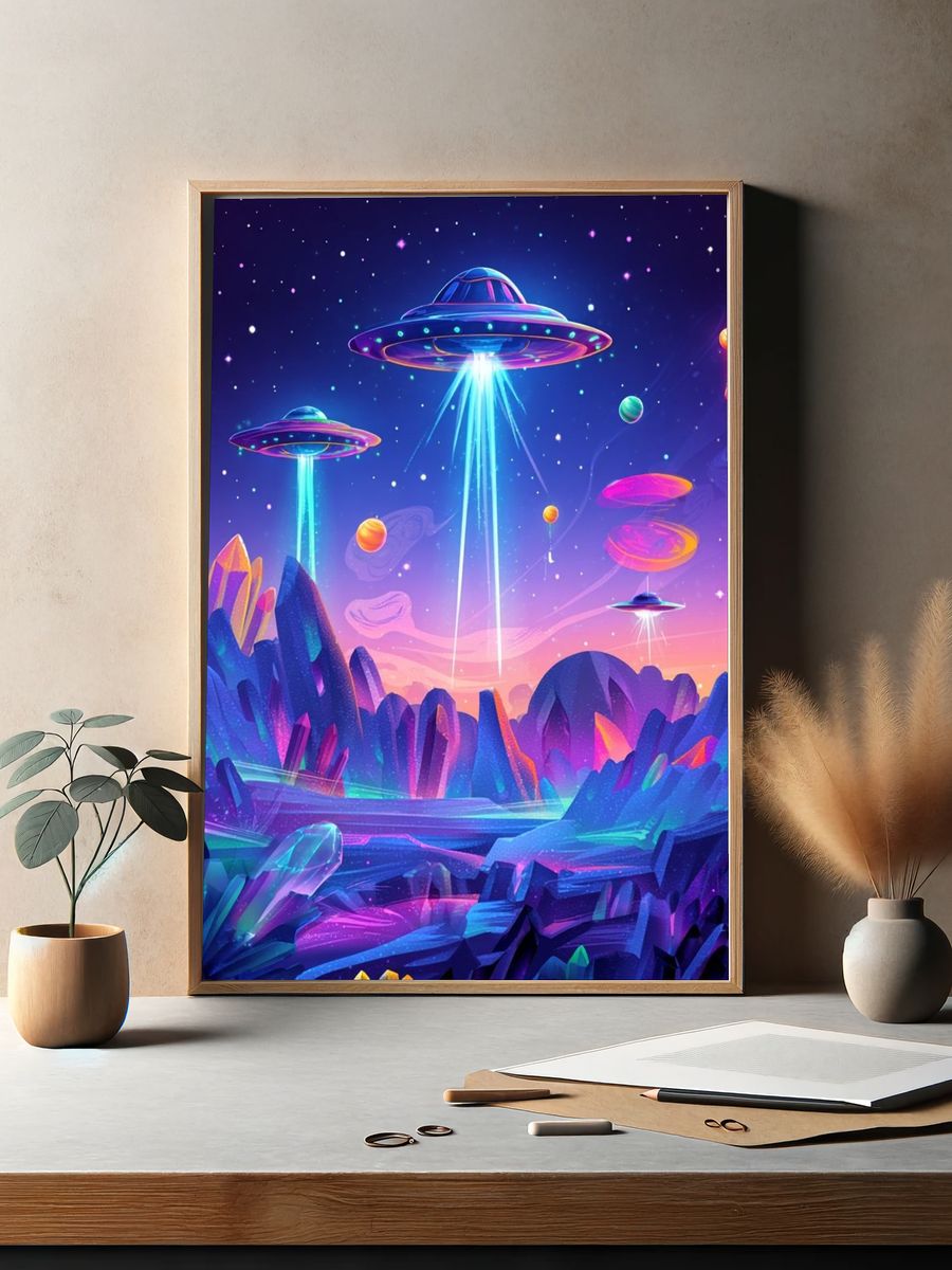 Cosmic UFO Adventure — Digital Art Print. — room view 2