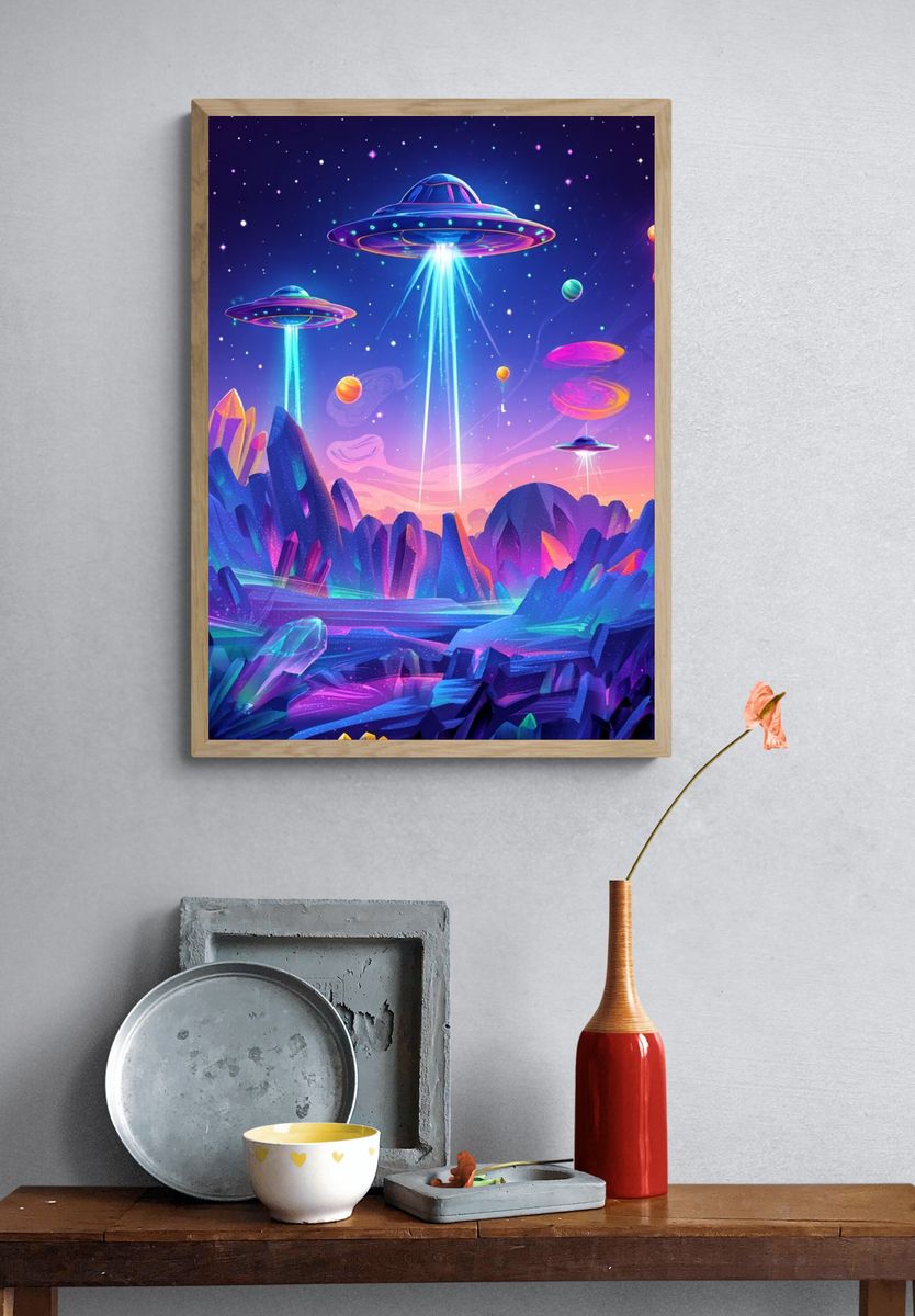 Cosmic UFO Adventure — Digital Art Print. — room view 3