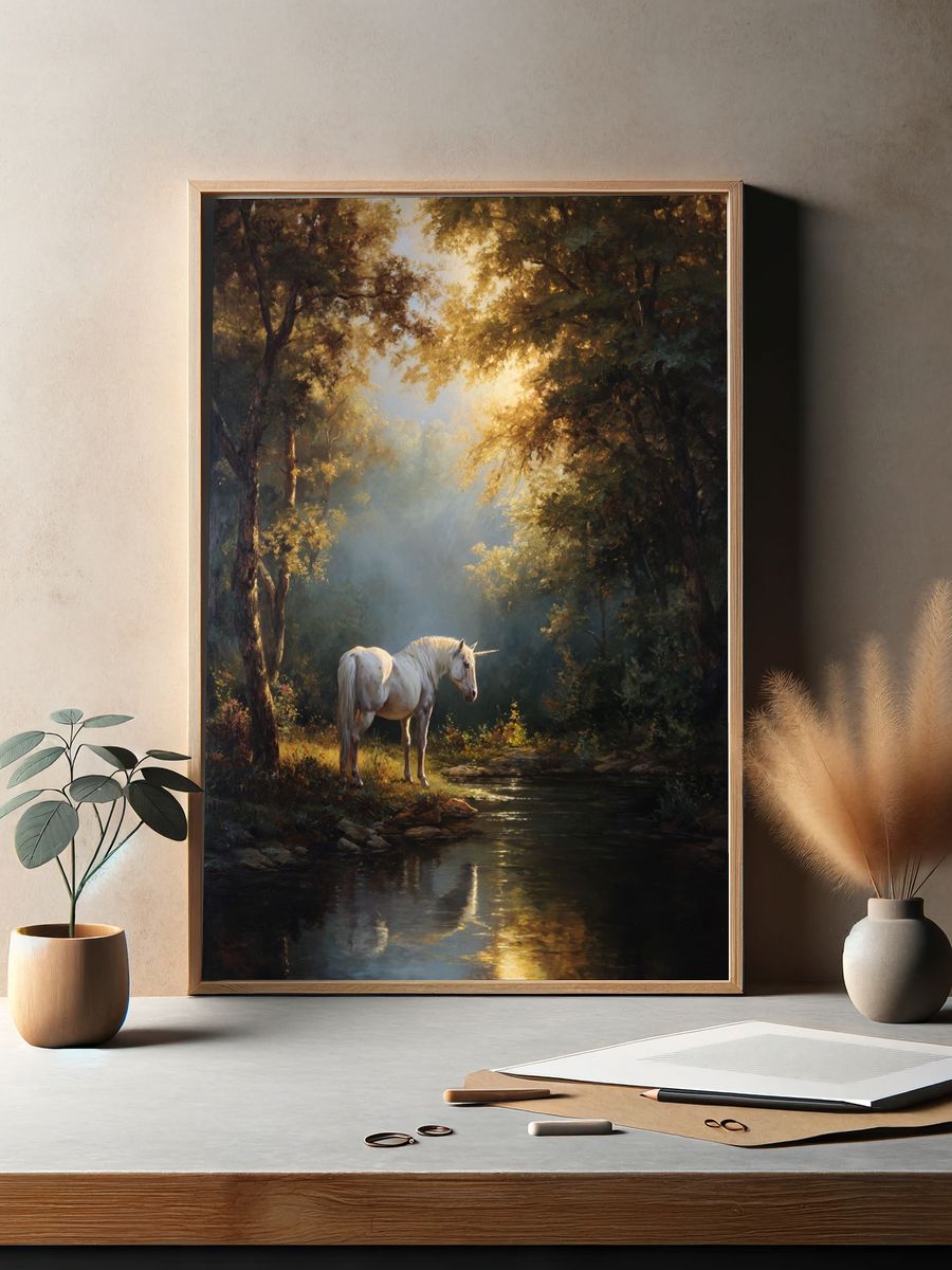 Unicorn in Enchanted Forest Poster. — room view 2