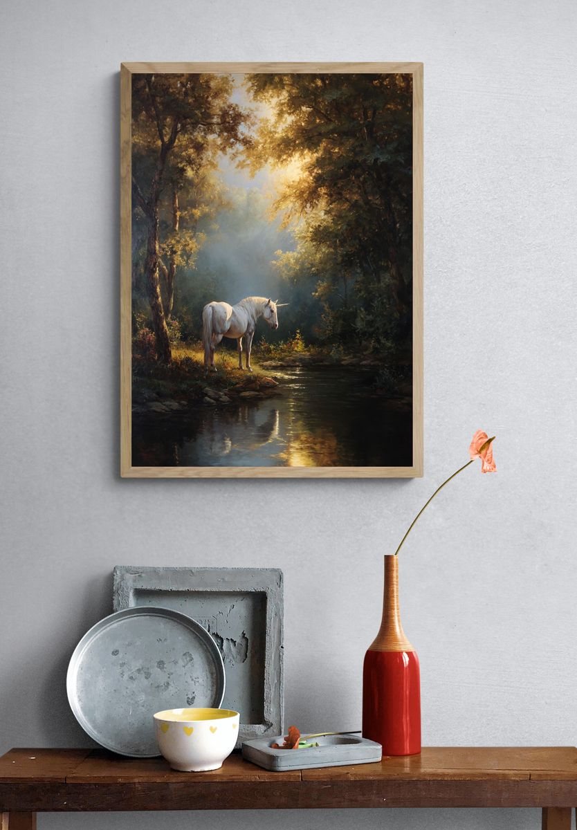 Unicorn in Enchanted Forest Poster. — room view 3
