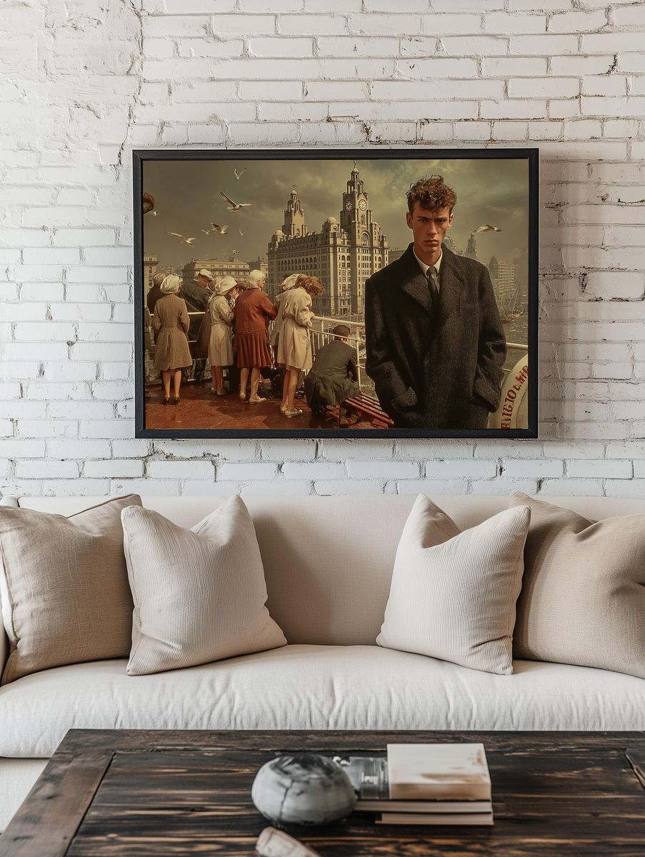 Vintage Cityscape with Man — Fine Art Print. — room view 1